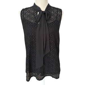 Banana Republic Sleeveless Lace Top Built in Neck Tie Women's Med Black Lined